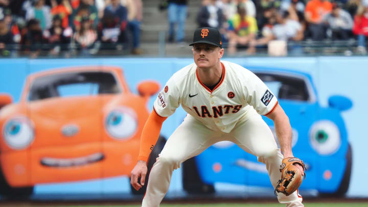 Aug 11, 2024; San Francisco, California, USA; San Francisco Giants third baseman Matt Chapman (26) squats before the pitch against the Detroit Tigers during the fourth inning at Oracle Park.