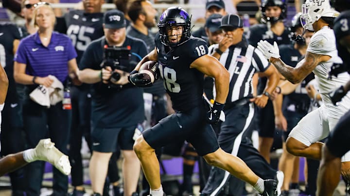 Sep 14, 2024; Fort Worth, Texas, USA; TCU Horned Frogs wide receiver Jack Bech (18) runs down the sideline during the fourth quarter against the UCF Knights at Amon G. Carter Stadium. Mandatory Credit: Andrew Dieb-Imagn Images