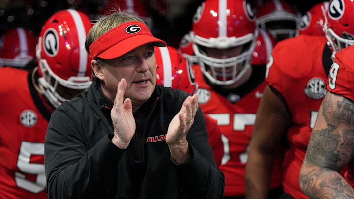 Georgia coach Kirby Smart takes the field with his team before the start of the SEC championship game against Texas in Atlanta, on Saturday, Dec. 7, 2024.