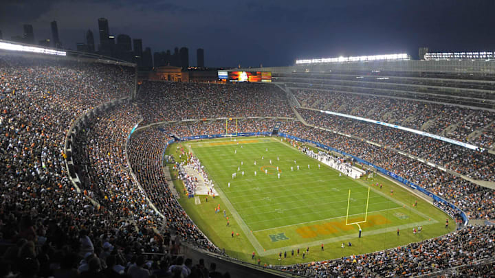 Aug 21, 2010; Chicago, IL, USA; General view of Soldier Field and the downtown Chicago skyline during the preseason game between the Oakland Raiders and the Chicago Bears. Mandatory Credit: Kirby Lee/Image of Sport-Imagn Images