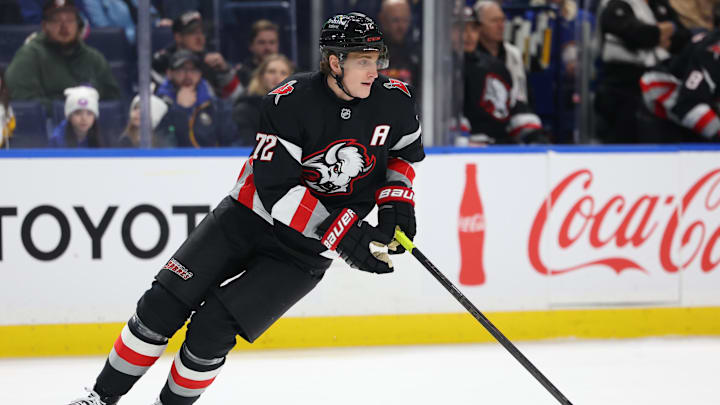 Dec 27, 2025; Buffalo, New York, USA;  Buffalo Sabres center Tage Thompson (72) skates with the puck during the first period against the Boston Bruins at KeyBank Center. Mandatory Credit: Timothy T. Ludwig-Imagn Images