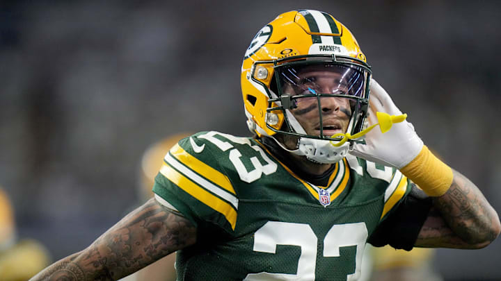 Green Bay Packers cornerback Jaire Alexander (23) reacts after intercepting a pass during the first quarter of the wild card playoff game against the Dallas Cowboys Sunday, January 14, 2024 at AT&T Stadium in Arlington, Texas.