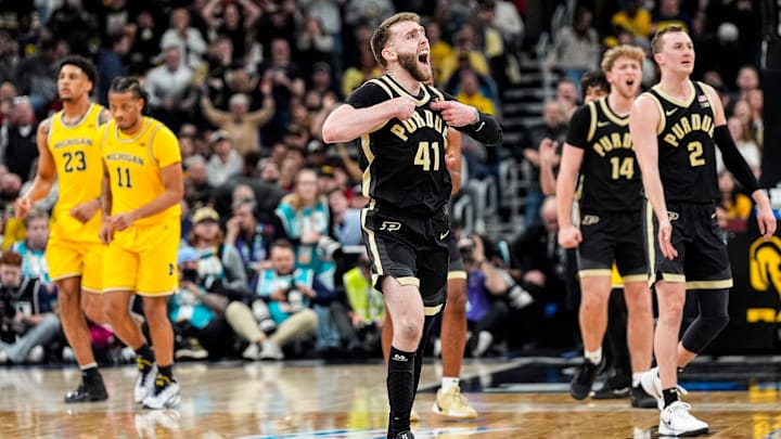 Purdue guard Braden Smith (41) celebrates a play against Michigan during the second half of Big Ten Tournament.