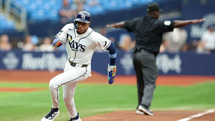 Aug 20, 2026; St. Petersburg, Florida, USA; Tampa Bay Rays left fielder Chandler Simpson (14) rounds third base to score a run against the Toronto Blue Jays in the fourth inning at Tropicana Field. Mandatory Credit: Nathan Ray Seebeck-Imagn Images Aug 20, 2026; St. Petersburg, Florida, USA; Tampa Bay Rays left fielder Chandler Simpson (14) rounds third base to score a run against the Toronto Blue Jays in the fourth inning at Tropicana Field. Mandatory Credit: Nathan Ray Seebeck-Imagn Images