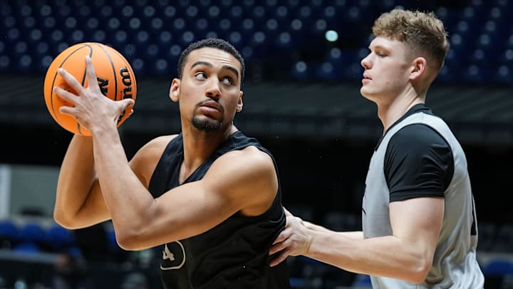Purdue Boilermakers forward Trey Kaufman-Renn (4) practices with forward Sam King (7) 