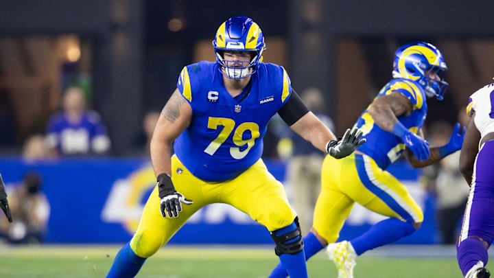 Jan 13, 2025; Glendale, AZ, USA; Los Angeles Rams offensive tackle Rob Havenstein (79) against the Minnesota Vikings during an NFC wild card game at State Farm Stadium. Mandatory Credit: Mark J. Rebilas-Imagn Images