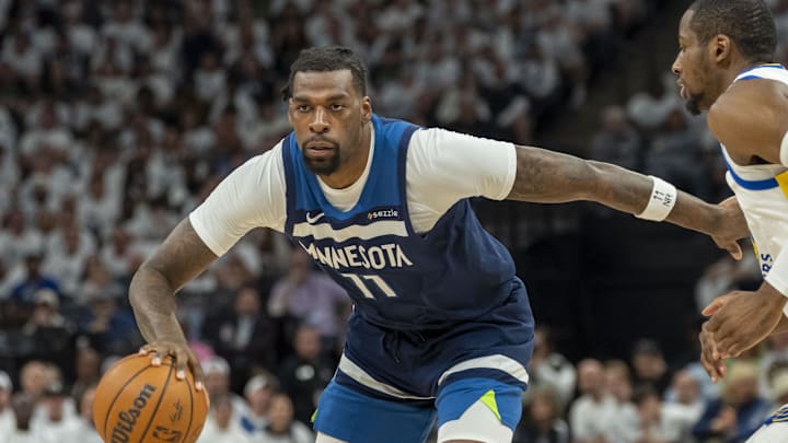 May 14, 2025; Minneapolis, Minnesota, USA; Minnesota Timberwolves center Naz Reid (11) dribbles the ball against the Golden State Warriors in the first half during game five of the second round for the 2025 NBA Playoffs at Target Center. May 14, 2025; Minneapolis, Minnesota, USA; Minnesota Timberwolves center Naz Reid (11) dribbles the ball against the Golden State Warriors in the first half during game five of the second round for the 2025 NBA Playoffs at Target Center.