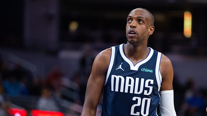 Feb 22, 2026; Indianapolis, Indiana, USA; Dallas Mavericks forward Khris Middleton (20) in the second half against the Indiana Pacers at Gainbridge Fieldhouse. Mandatory Credit: Trevor Ruszkowski-Imagn Images