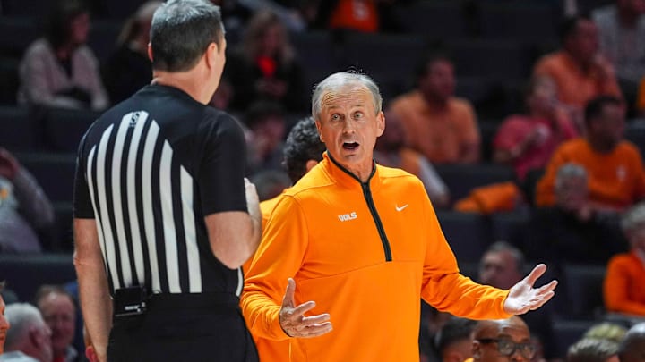 Tennessee coach Rick Barnes talks to the referee during a NCAA basketball game between the Tennessee Volunteers and Tennessee State Tigers at Thompson-Boling Arena at Food City Center in Knoxville, Tenn., on Nov. 20, 2025.