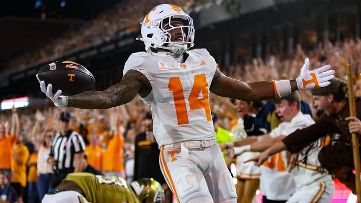 Sep 12, 2026; Atlanta, Georgia, USA; Tennessee Volunteers wide receiver Braylon Staley (14) celebrates after a touchdown catch against the Georgia Tech Yellow Jackets in the second quarter at Bobby Dodd Stadium at Hyundai Field. Mandatory Credit: Brett Davis-Imagn Images Sep 12, 2026; Atlanta, Georgia, USA; Tennessee Volunteers wide receiver Braylon Staley (14) celebrates after a touchdown catch against the Georgia Tech Yellow Jackets in the second quarter at Bobby Dodd Stadium at Hyundai Field. Mandatory Credit: Brett Davis-Imagn Images