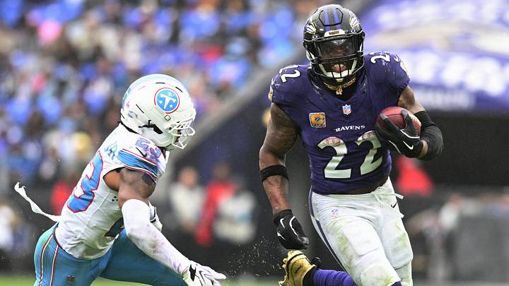 Oct 4, 2026; Baltimore, Maryland, USA;  Baltimore Ravens running back Derrick Henry (22) runs with the ball against the Tennessee Titans during the fourth quarter at M&T Bank Stadium.  Mandatory Credit: Tommy Gilligan-Imagn Images