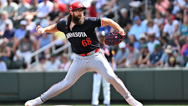 Mar 4, 2025; North Port, Florida, USA; Minnesota Twins starting pitcher Randy Dobnak (68) throws a pitch in the first inning against the Atlanta Braves  during spring training at CoolToday Park.