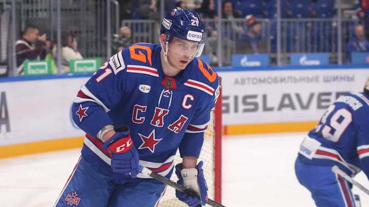 Alexander Nikishin (21) of SKA Hockey Club seen in action...