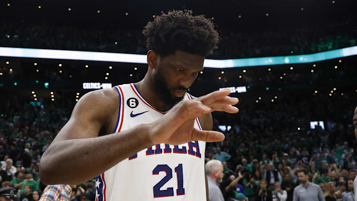 May 14, 2023; Boston, Massachusetts, USA; Philadelphia 76ers center Joel Embiid (21) leaves the court after losing to the Boston Celtics in game seven of the 2023 NBA playoffs at TD Garden. Mandatory Credit: Winslow Townson-Imagn Images