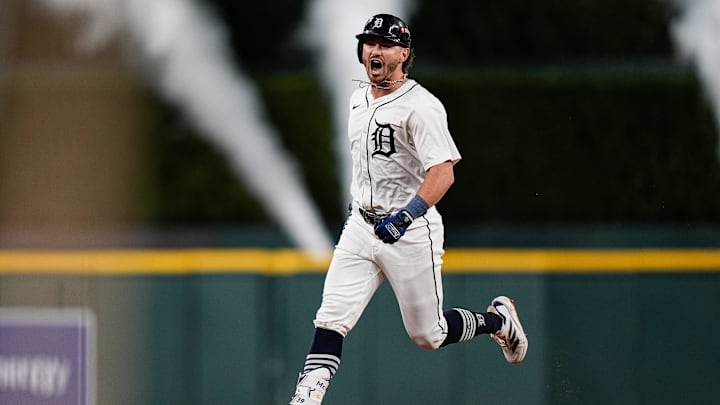 Detroit Tigers third base Zach McKinstry (39) celebrates batting a solo home run against Cleveland Guardians during the fifth inning at Game 4 of ALDS at Comerica Park in Detroit on Thursday, Oct. 10, 2024.