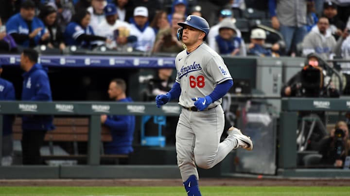 Apr 18, 2026; Denver, Colorado, USA; Los Angeles Dodgers catcher Dalton Rushing (68) runs home after a home run during the second inning against the Colorado Rockies at Coors Field. Mandatory Credit: Christopher Hanewinckel-Imagn Images