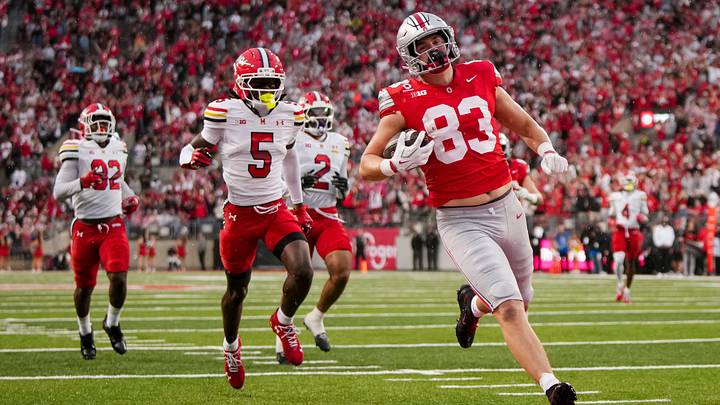 Ohio State Buckeyes tight end Nate Roberts (83) scores a touchdown during the NCAA football game against the Maryland Terrapins at Ohio Stadium in Columbus on Oct. 10, 2026.