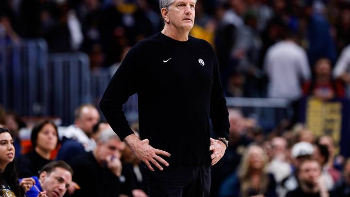 Apr 27, 2026; Denver, Colorado, USA; Minnesota Timberwolves head coach Chris Finch looks on in the second quarter against the Denver Nuggets during game five of the first round of the 2026 NBA Playoffs at Ball Arena. Mandatory Credit: Isaiah J. Downing-Imagn Images
