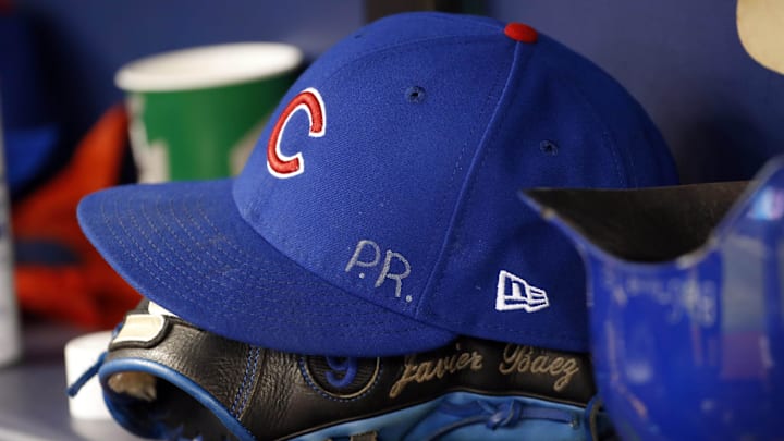 Sep 20, 2017; St. Petersburg, FL, USA; A detailed view of Chicago Cubs third baseman Javier Baez (9) (not pictured) hat and glove with the initials P.R. for his home country Puerto Rico against the Tampa Bay Rays at Tropicana Field. 