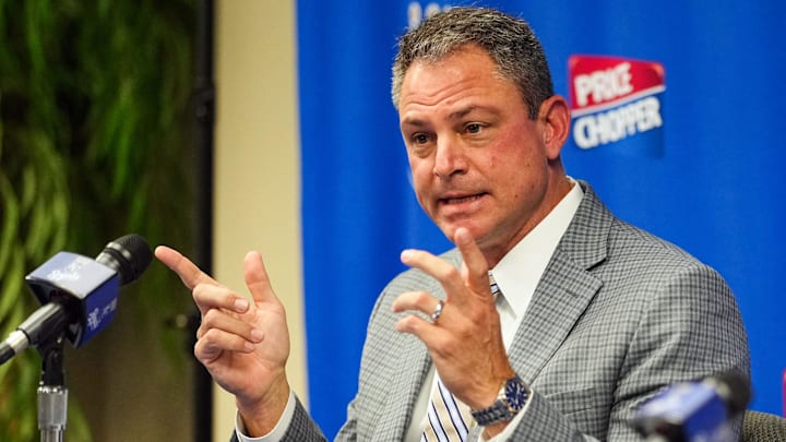 Nov 3, 2022; Kansas City, Missouri, USA; Kansas City Royals general manager J.J. Picollo talks with media during a press conference at Kauffman Stadium. Mandatory Credit: Jay Biggerstaff-Imagn Images