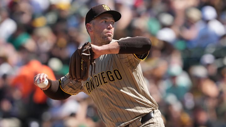 Apr 9, 2025; West Sacramento, California, USA; San Diego Padres pitcher Jason Adam (40) throws a pitch against the Athletics during the eighth inning at Sutter Health Park. Mandatory Credit: Darren Yamashita-Imagn Images