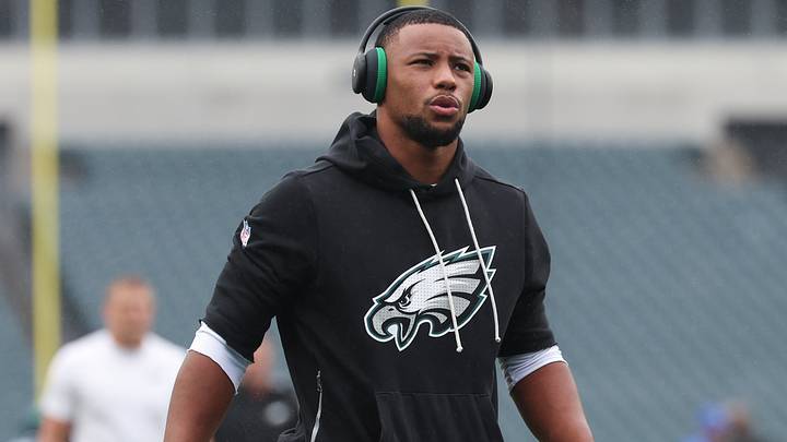 Oct 4, 2026; Philadelphia, Pennsylvania, USA; Philadelphia Eagles running back Saquon Barkley before a game against the Los Angeles Rams at Lincoln Financial Field. 