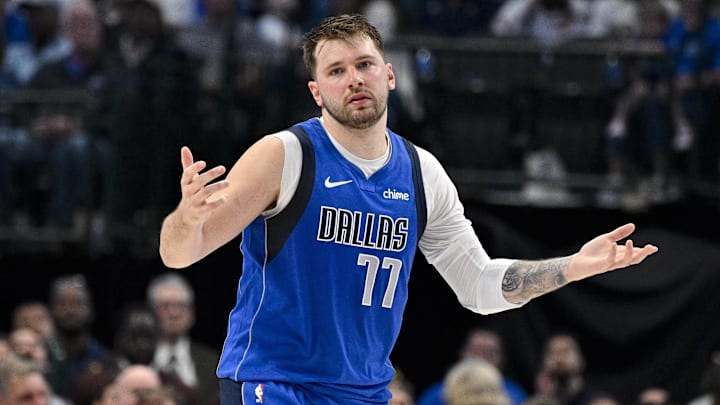 Mar 5, 2024; Dallas, Texas, USA; Dallas Mavericks guard Luka Doncic (77) reacts to a foul call
