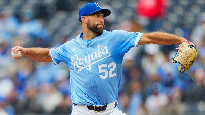 Mar 30, 2025; Kansas City, Missouri, USA; Kansas City Royals starting pitcher Michael Wacha (52) pitches during the first inning against the Cleveland Guardians at Kauffman Stadium. Mandatory Credit: Jay Biggerstaff-Imagn Images