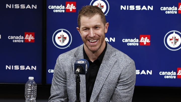 Oct 20, 2024; Winnipeg, Manitoba, CAN; Bryan Little talks with the media after signing a one day contact and retiring from the Winnipeg Jets at Canada Life Centre. Mandatory Credit: James Carey Lauder-Imagn Images