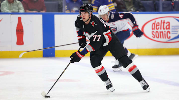 Feb 4, 2025; Buffalo, New York, USA; Buffalo Sabres right wing JJ Peterka (77) skates up ice with the puck during the first period against the Columbus Blue Jackets at KeyBank Center. Mandatory Credit: Timothy T. Ludwig-Imagn Images Feb 4, 2025; Buffalo, New York, USA; Buffalo Sabres right wing JJ Peterka (77) skates up ice with the puck during the first period against the Columbus Blue Jackets at KeyBank Center. Mandatory Credit: Timothy T. Ludwig-Imagn Images