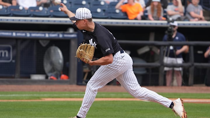 Mar 10, 2025; Tampa, Florida, USA; New York Yankees pitcher Will Warren (98) throws a pitch against the Detroit Tigers during the first inning at George M. Steinbrenner Field. 