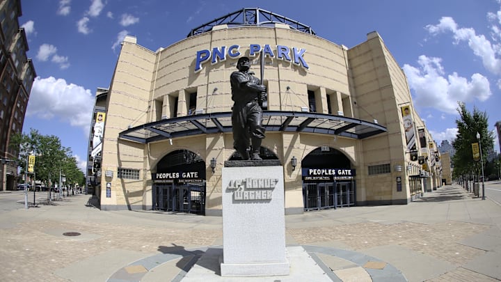 Jul 28, 2020; Pittsburgh, Pennsylvania, USA; General view of the Honus Wagner statue and the exterior of the main gate at PNC Park before the Pittsburgh Pirates host the Milwaukee Brewers. Mandatory Credit: Charles LeClaire-Imagn Images