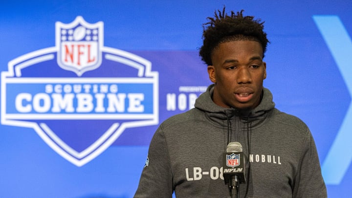 Feb 28, 2024; Indianapolis, IN, USA; Texas A&M linebacker Edgerrin Cooper (LB08) talks