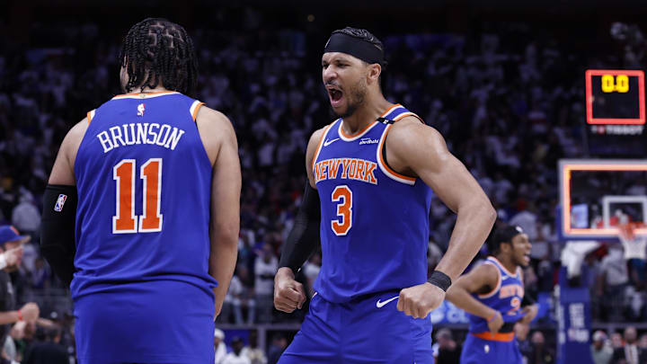 May 1, 2025; Detroit, Michigan, USA; New York Knicks guard Jalen Brunson (11) and guard Josh Hart (3) celebrate after defeating the Detroit Pistons during game six of first round for the 2024 NBA Playoffs at Little Caesars Arena. Mandatory Credit: Rick Osentoski-Imagn Images