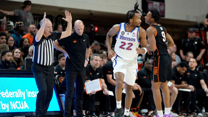 Kansas Jayhawks guard Darryn Peterson (22) runs after making a 3-pointer during a men's college basketball game between the Oklahoma State Cowboys and the Kansas Jayhawks at Gallagher-Iba Arena in Stillwater, Okla., Wednesday, Feb. 18, 2026. Kansas Jayhawks guard Darryn Peterson (22) runs after making a 3-pointer during a men's college basketball game between the Oklahoma State Cowboys and the Kansas Jayhawks at Gallagher-Iba Arena in Stillwater, Okla., Wednesday, Feb. 18, 2026.
