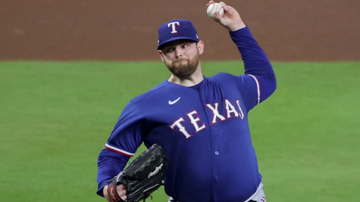 Oct 23, 2023; Houston, Texas, USA; Texas Rangers pitcher Jordan Montgomery (52) throws during the