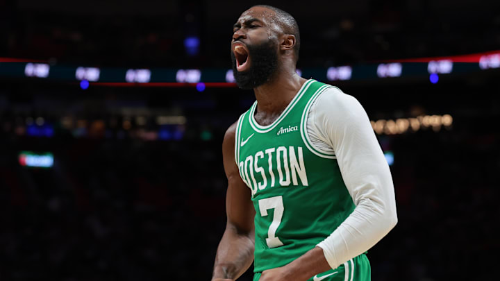 Apr 1, 2026; Miami, Florida, USA; Boston Celtics guard Jaylen Brown (7) reacts against the Miami Heat during the third quarter at Kaseya Center. Mandatory Credit: Sam Navarro-Imagn Images