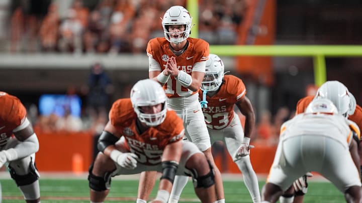 Texas Longhorns quarterback Arch Manning (16) gets ready to take a snap in the first half against the Louisiana Monroe Warhawks at Darrell K Royal-Texas Memorial Stadium.