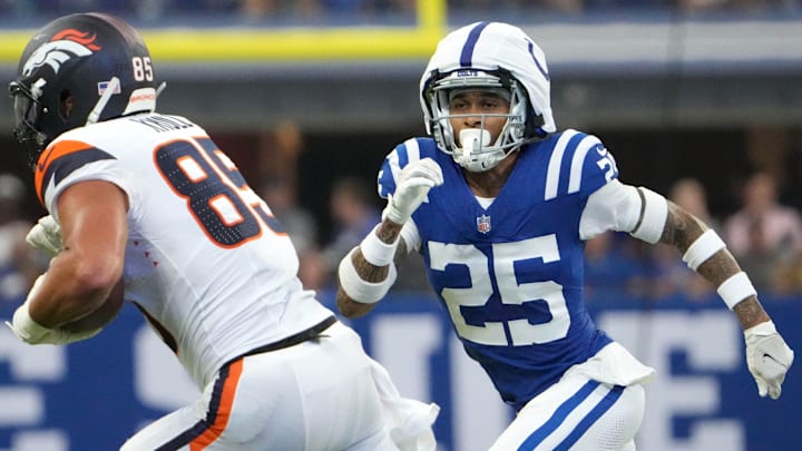 Indianapolis Colts safety Rodney Thomas II (25) attempts to tackle Denver Broncos tight end Lucas Krull (85) during the first half of a preseason game Sunday, Aug. 11, 2024, at Lucas Oil Stadium in Indianapolis.