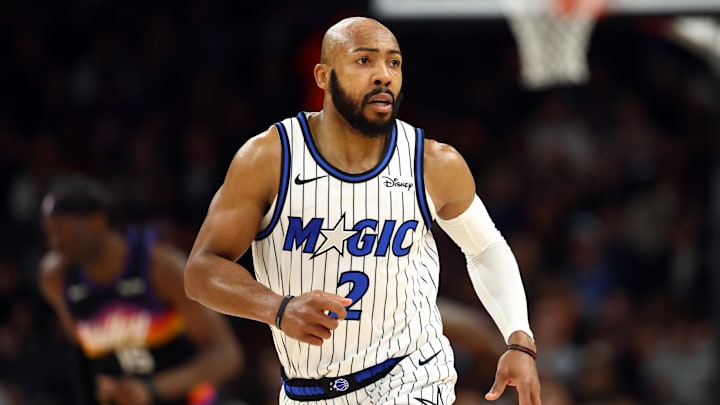 Feb 21, 2026; Phoenix, Arizona, USA; Orlando Magic guard Jevon Carter (2) against the Phoenix Suns at Mortgage Matchup Center. Mandatory Credit: Mark J. Rebilas-Imagn Images