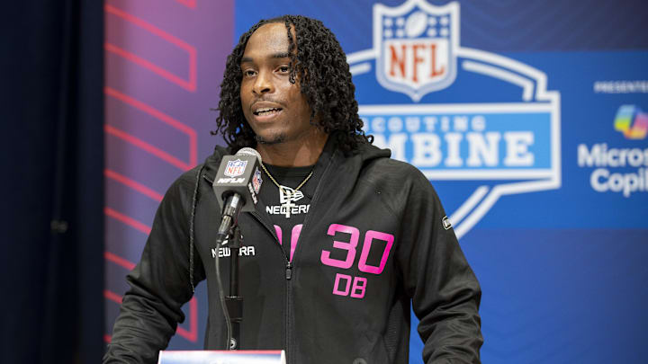 Feb 27, 2025; Indianapolis, IN, USA; Western Kentucky defensive back Upton Stout (DB30) during the 2025 NFL Combine at Lucas Oil Stadium. Mandatory Credit: Tanner Pearson-Imagn Images Feb 27, 2025; Indianapolis, IN, USA; Western Kentucky defensive back Upton Stout (DB30) during the 2025 NFL Combine at Lucas Oil Stadium. Mandatory Credit: Tanner Pearson-Imagn Images