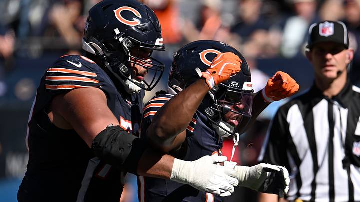Oct 4, 2026; Chicago, Illinois, USA; Chicago Bears running back Kyle Monangai (25) celebrates with offensive line Jonah Jackson (73) after a touchdown against the New York Jets during the third quarter at Soldier Field. Mandatory Credit: Matt Marton-Imagn Images Oct 4, 2026; Chicago, Illinois, USA; Chicago Bears running back Kyle Monangai (25) celebrates with offensive line Jonah Jackson (73) after a touchdown against the New York Jets during the third quarter at Soldier Field. Mandatory Credit: Matt Marton-Imagn Images