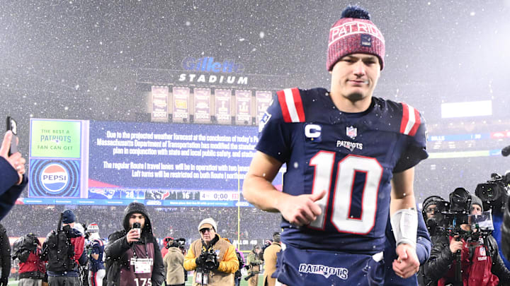 Jan 18, 2026; Foxborough, MA, USA; New England Patriots quarterback Drake Maye (10) leaves the field after defeating the Houston Texans in an AFC Divisional Round game at Gillette Stadium. Mandatory Credit: Brian Fluharty-Imagn Images