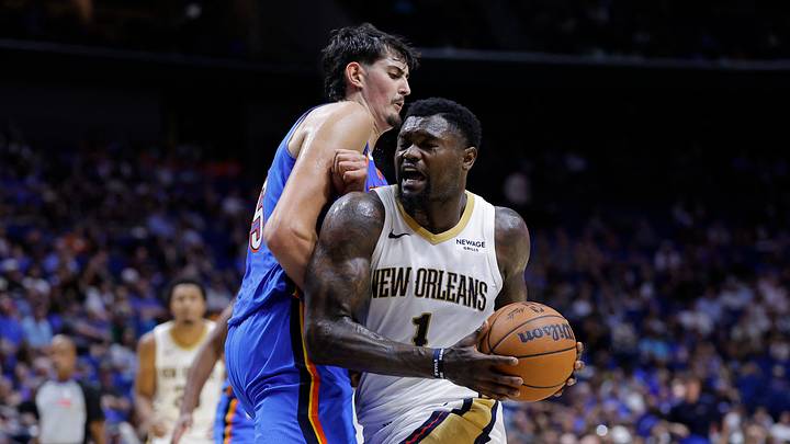 Oct 6, 2026; Tulsa, Oklahoma, USA; New Orleans Pelicans forward Zion Williamson (1) drives to the basket as Oklahoma City Thunder center Aday Mara (15) defends during the first half at BOK Center. Mandatory Credit: Alonzo Adams-Imagn Images