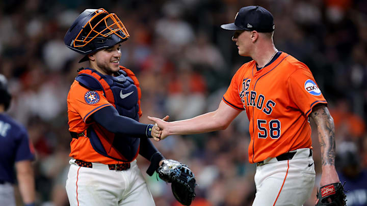 Houston Astros catcher Yainer Diaz and starting pitcher Hunter Brown Houston Astros catcher Yainer Diaz and starting pitcher Hunter Brown