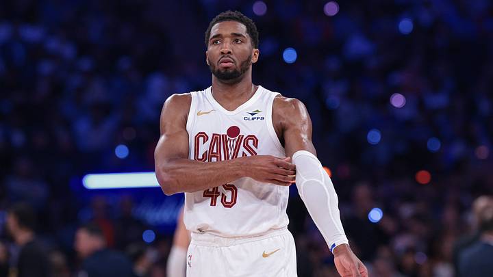 May 21, 2026; New York, New York, USA; Cleveland Cavaliers guard Donovan Mitchell (45) reacts against the New York Knicks during the second quarter of the eastern conference finals of the 2026 NBA playoffs at Madison Square Garden. Mandatory Credit: Vincent Carchietta-Imagn Images