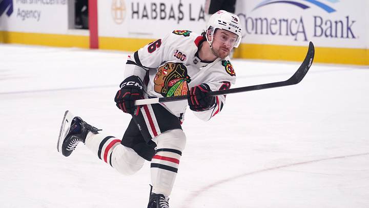 Apr 6, 2026; San Jose, California, USA;  Chicago Blackhawks left winger Andrew Mangiapane (26) warms up before the game against the San Jose Sharks at SAP Center at San Jose. Mandatory Credit: David Gonzales-Imagn Images