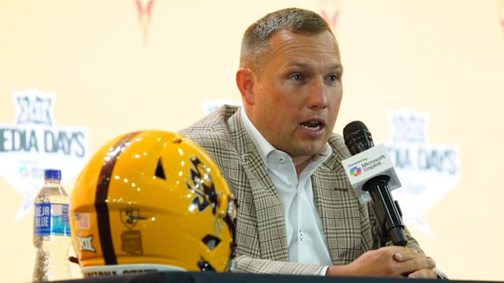 Jul 8, 2025; Frisco, TX, USA; Arizona State head coach Kenny Dillingham addresses the media during 2025 Big 12 Football Media Days at The Star. Mandatory Credit: Raymond Carlin III-Imagn Images