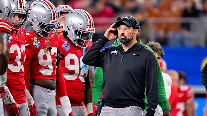 Jan 10, 2025; Arlington, TX, USA; Ohio State Buckeyes head coach Ryan Day during the game between the Texas Longhorns and the Ohio State Buckeyes at AT&T Stadium. 