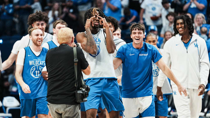 Kentucky Wildcats' Kam Williams sunk a half-court shot for a fan at the 2025 Big Blue Madness at Rupp Arena in Lexington, Kentucky Saturday, Oct. 11, 2025.